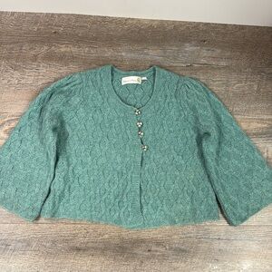 Anthropologie Charlie & Robin Cropped Bell Sleeve Cardigan Sweater Teal Green XS